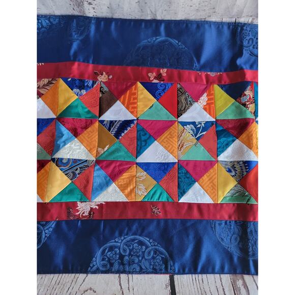 Silk Multi Color Triangle Quilted Table Runner With Fringe Possibly Handmade 36" - Picture 5 of 13